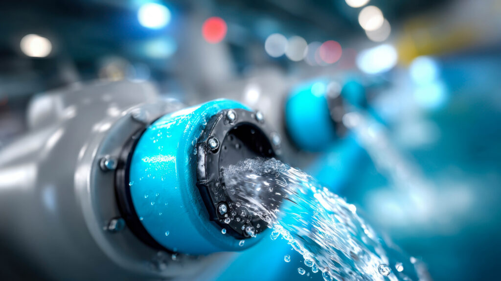 Flow of clean blue water from a large industrial pipeline in a modern facility